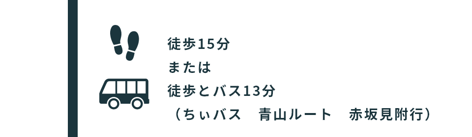 徒歩13分または徒歩とバス13分（ちぃバス青山ルート 赤坂見附行）