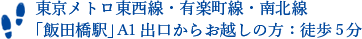 東京メトロ東西線・有楽町線・南北線「飯田橋駅」A1出口からお越しの方：徒歩5分