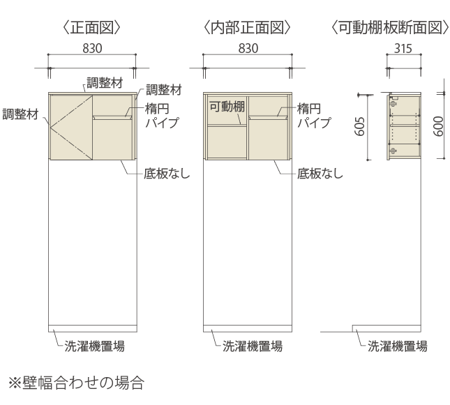 洗濯機上吊戸棚 標準仕様 片側ハンガーパイプタイプ